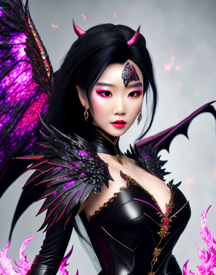 Dark-haired woman with red eyes, horns, black outfit, gold accents, black wings with purple.