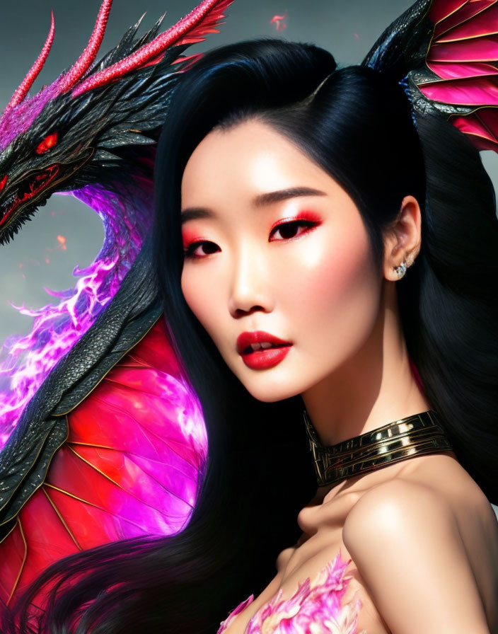 Fantastical dragon and woman with striking makeup in vivid purple flames