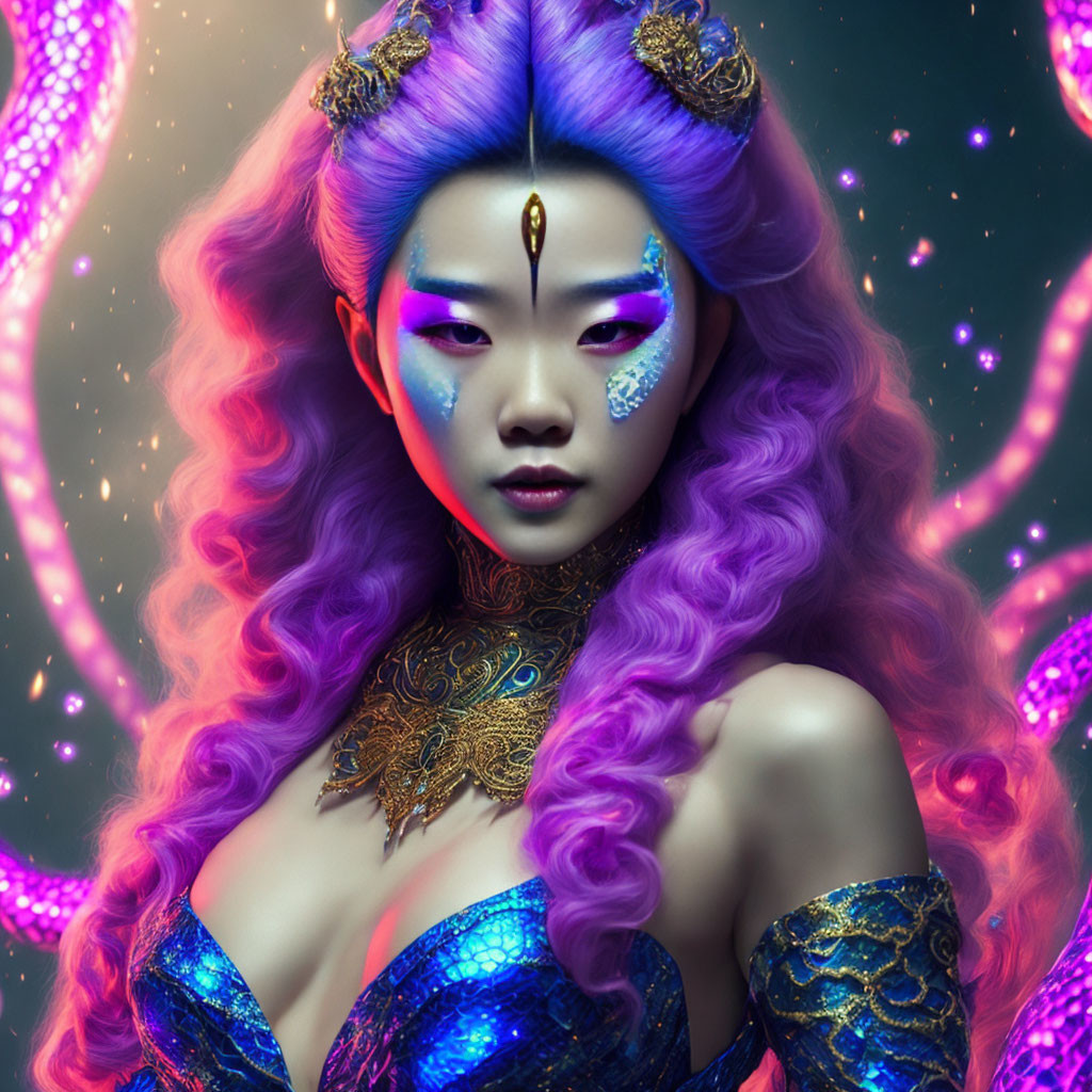 Digital artwork: Woman with purple hair, gold accessories, vibrant makeup, cosmic background.