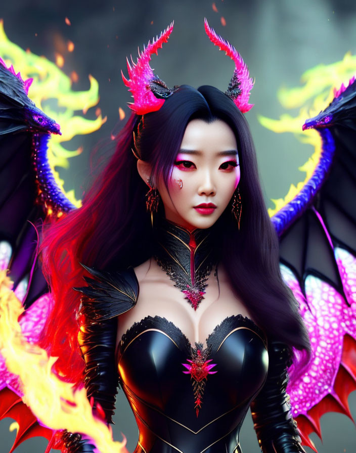 Fantasy-themed makeup and attire in black and red with horned headpiece and fiery wings.