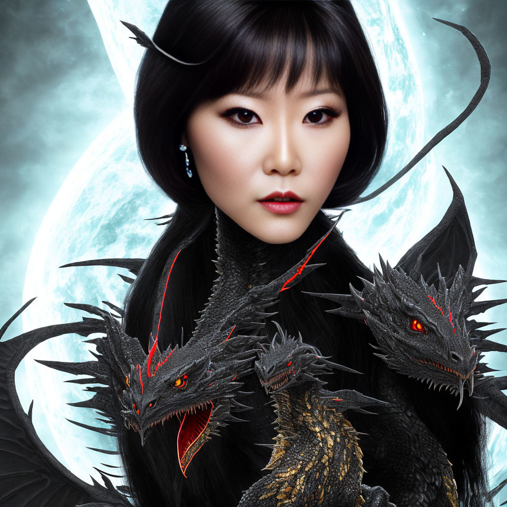 Dark-haired woman with red lipstick and black dragons under full moon.