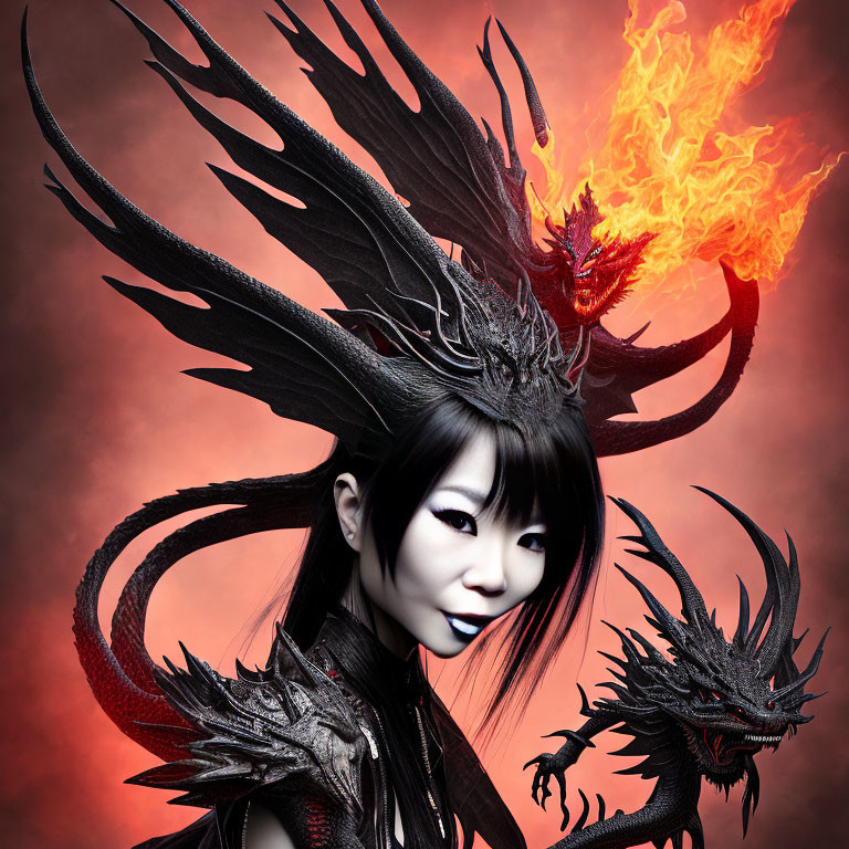 Digital Artwork: Woman with Dark Hair Surrounded by Black Dragons