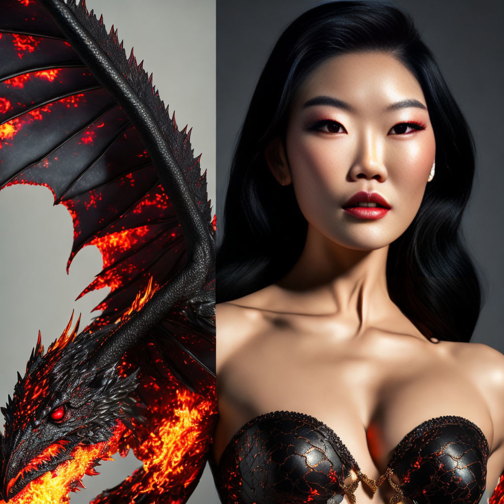 Split image: fiery dragon & Asian woman with makeup on grey backdrop