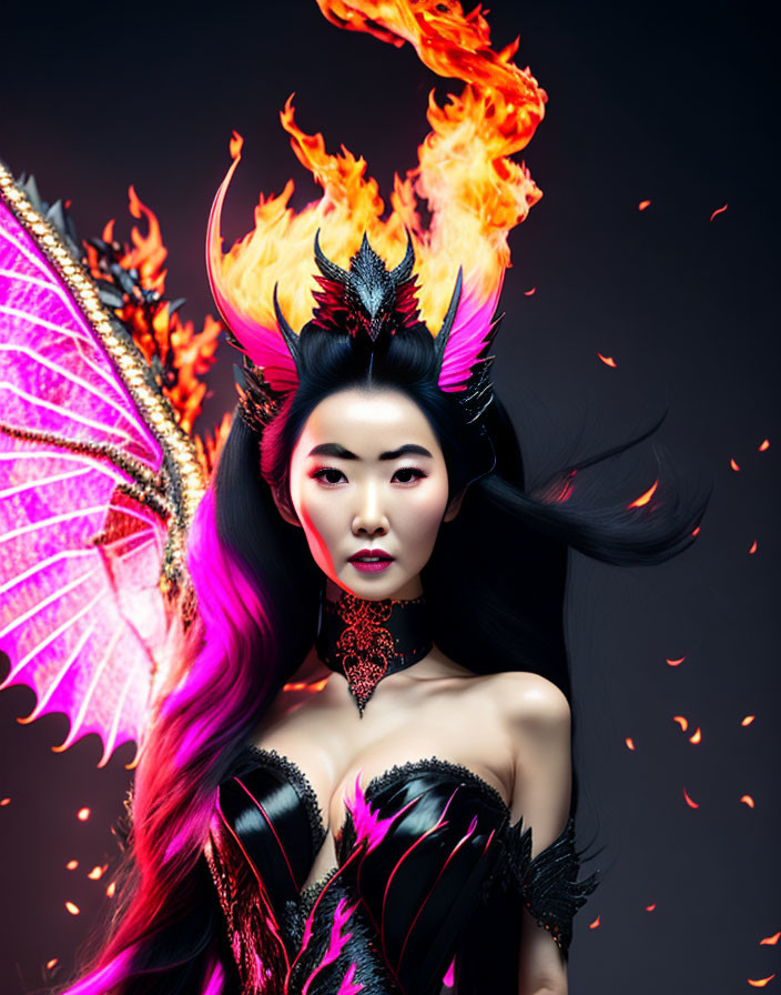 Woman with fiery horned headdress, pink wing, and flowing hair.