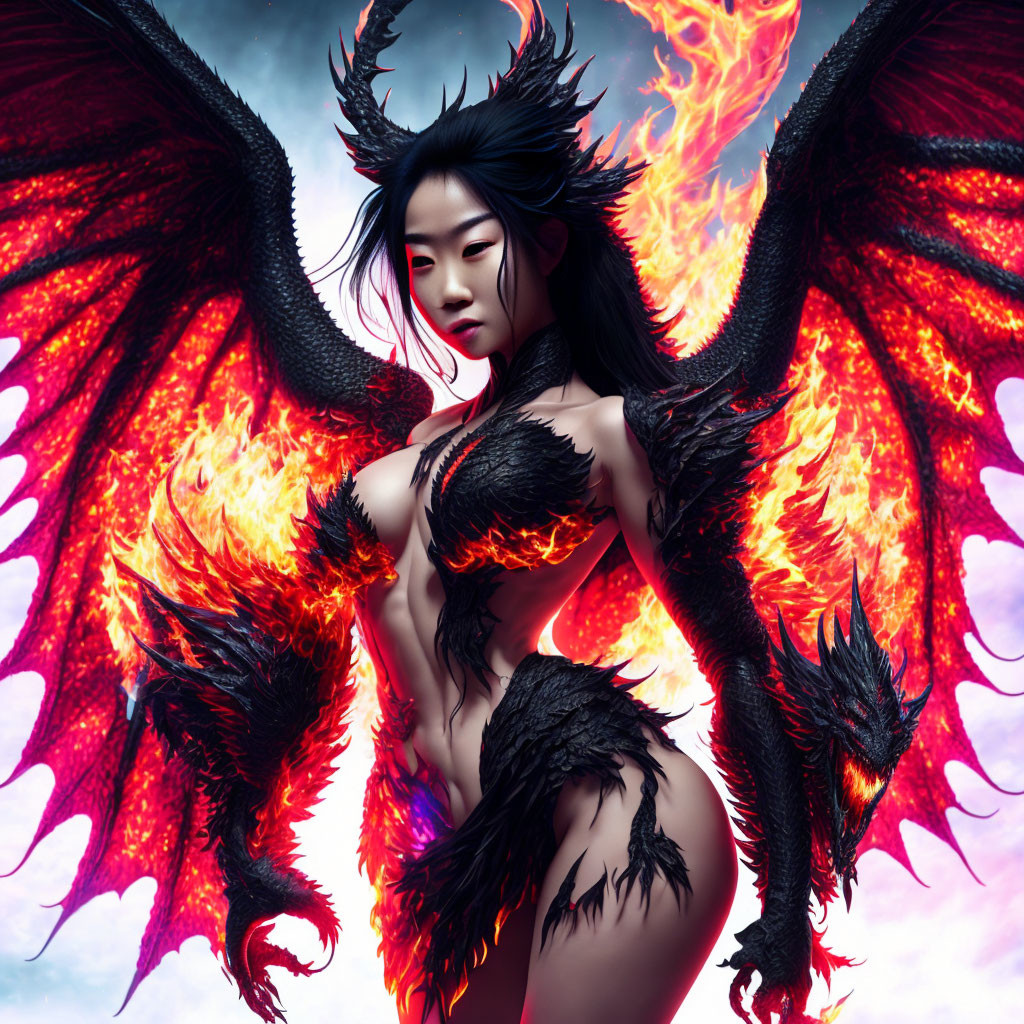 Fantastical digital artwork: Woman with flaming wings and dragon-like features in dramatic sky