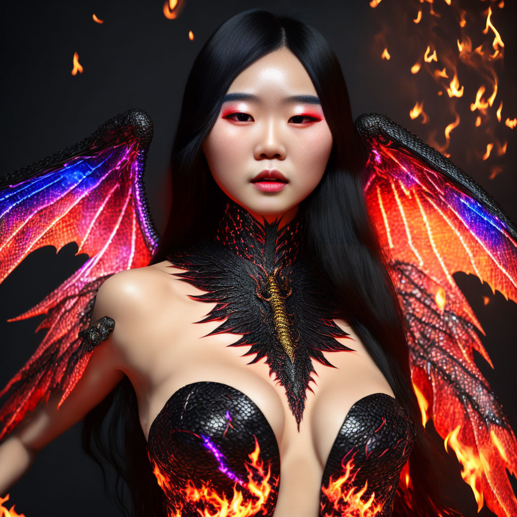 Woman with red makeup and dragon-like iridescent wings on dark flame background