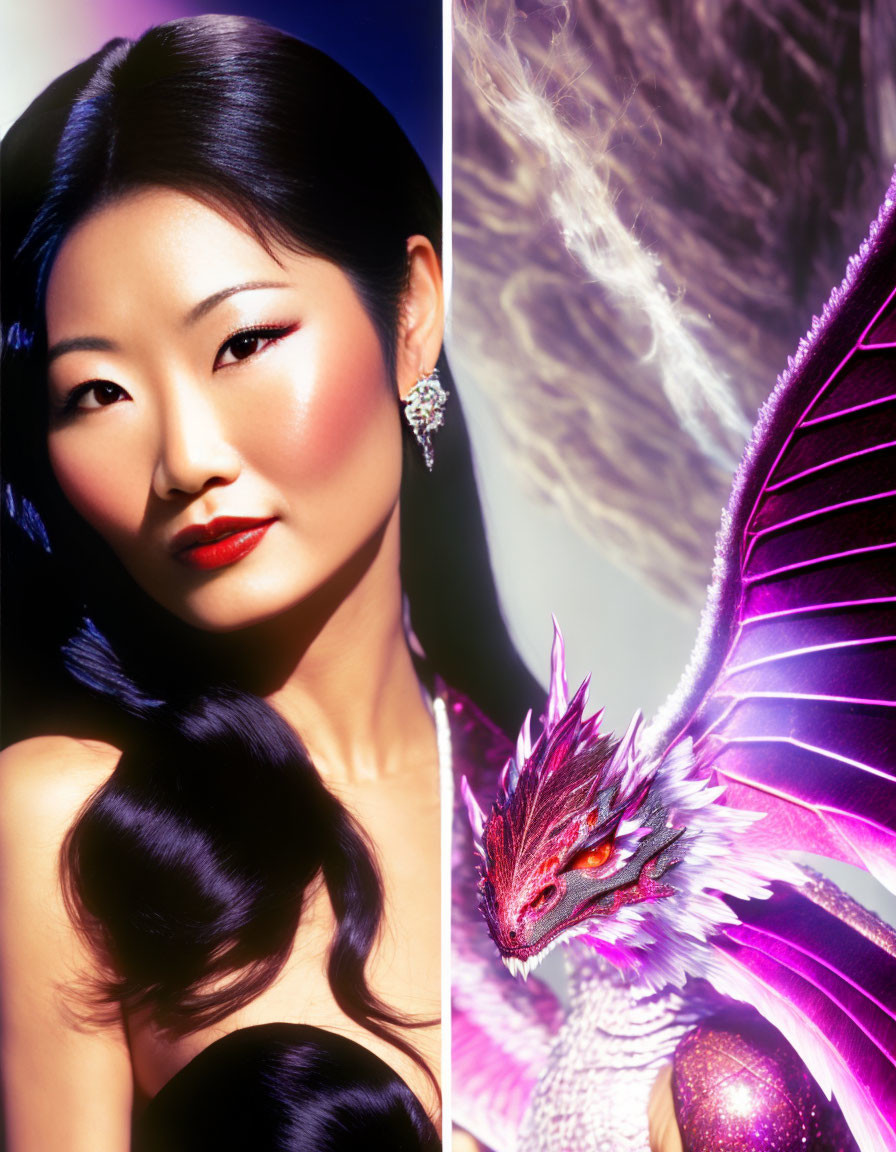 Split image: Asian woman with black hair & purple dragon illustration.