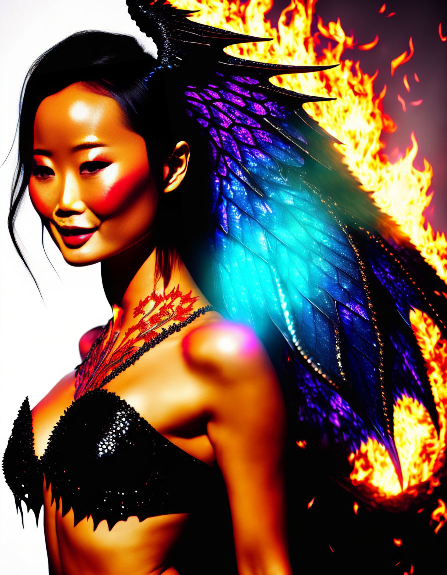 Figure with Iridescent Wings Against Fiery Background