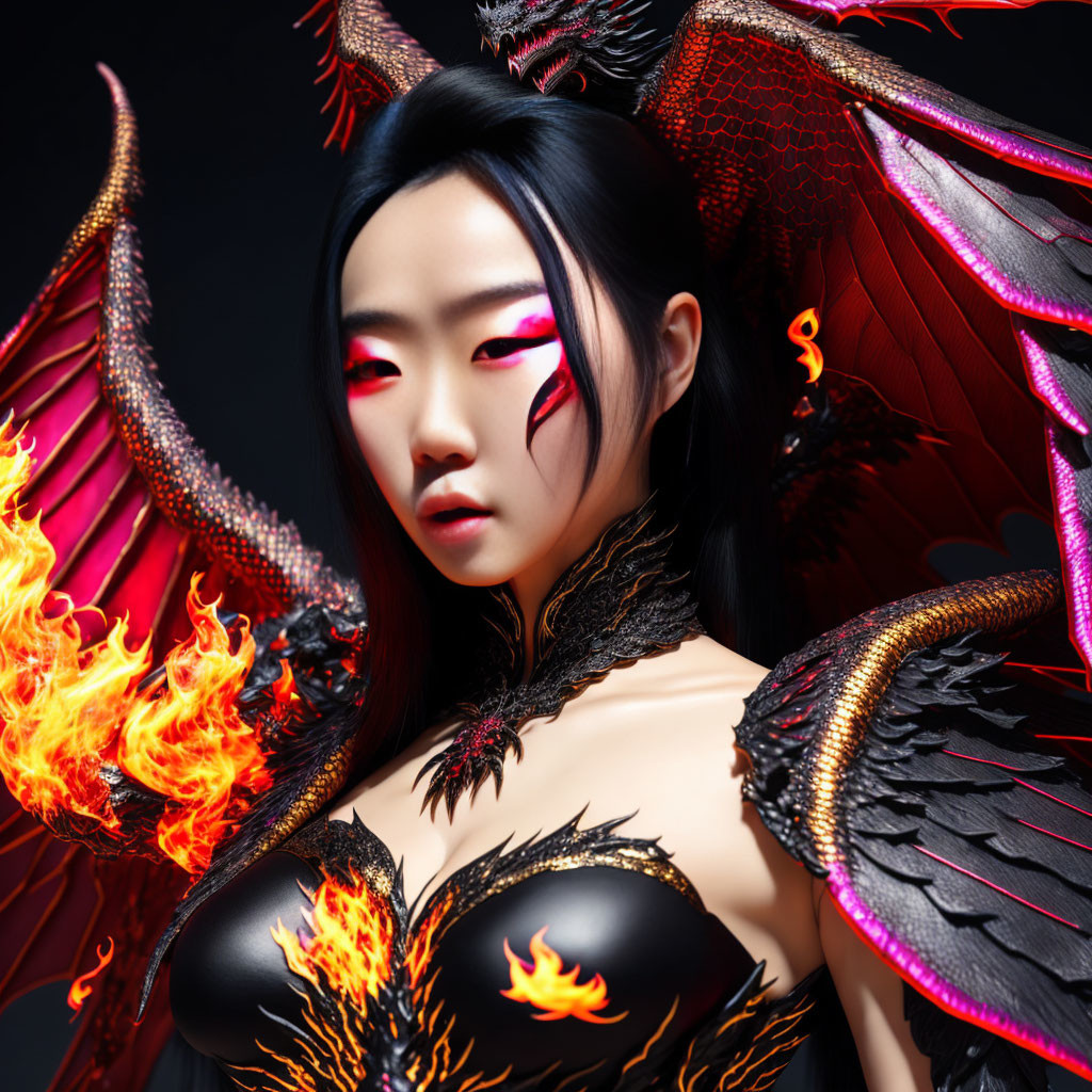 Digital artwork: Woman with dragon-like features, red eyes, horns, fiery wings.