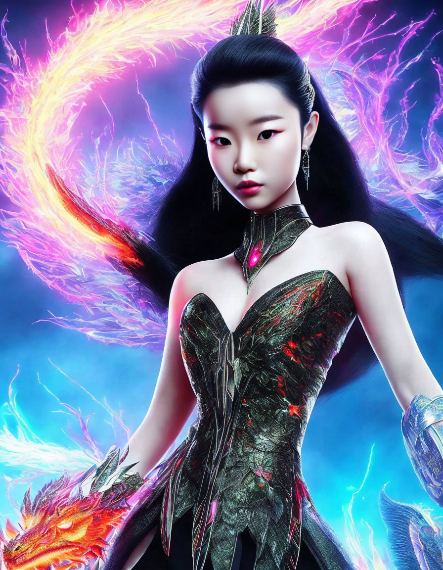 Digital artwork featuring fair-skinned woman in black dress with red jewel, surrounded by neon phoenix wings