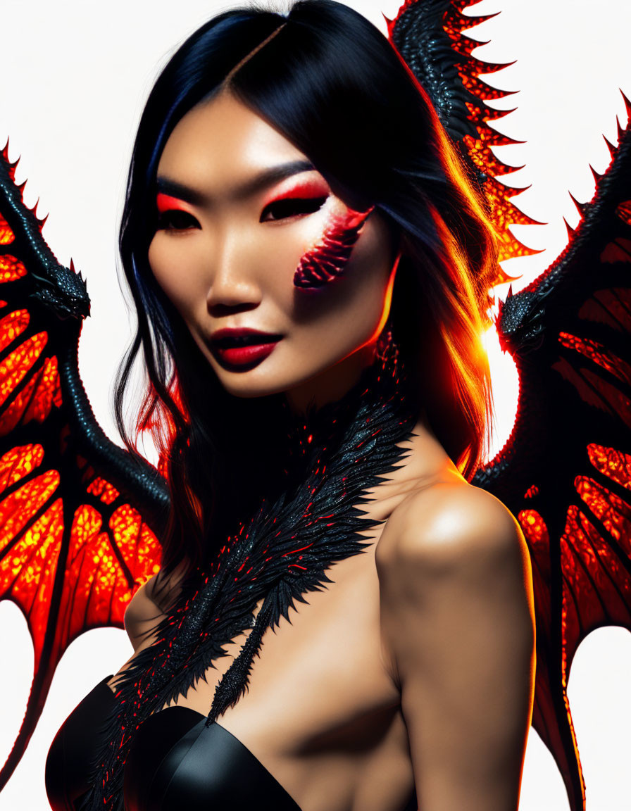 Ethereal Figure with Dragon Wings and Dramatic Makeup