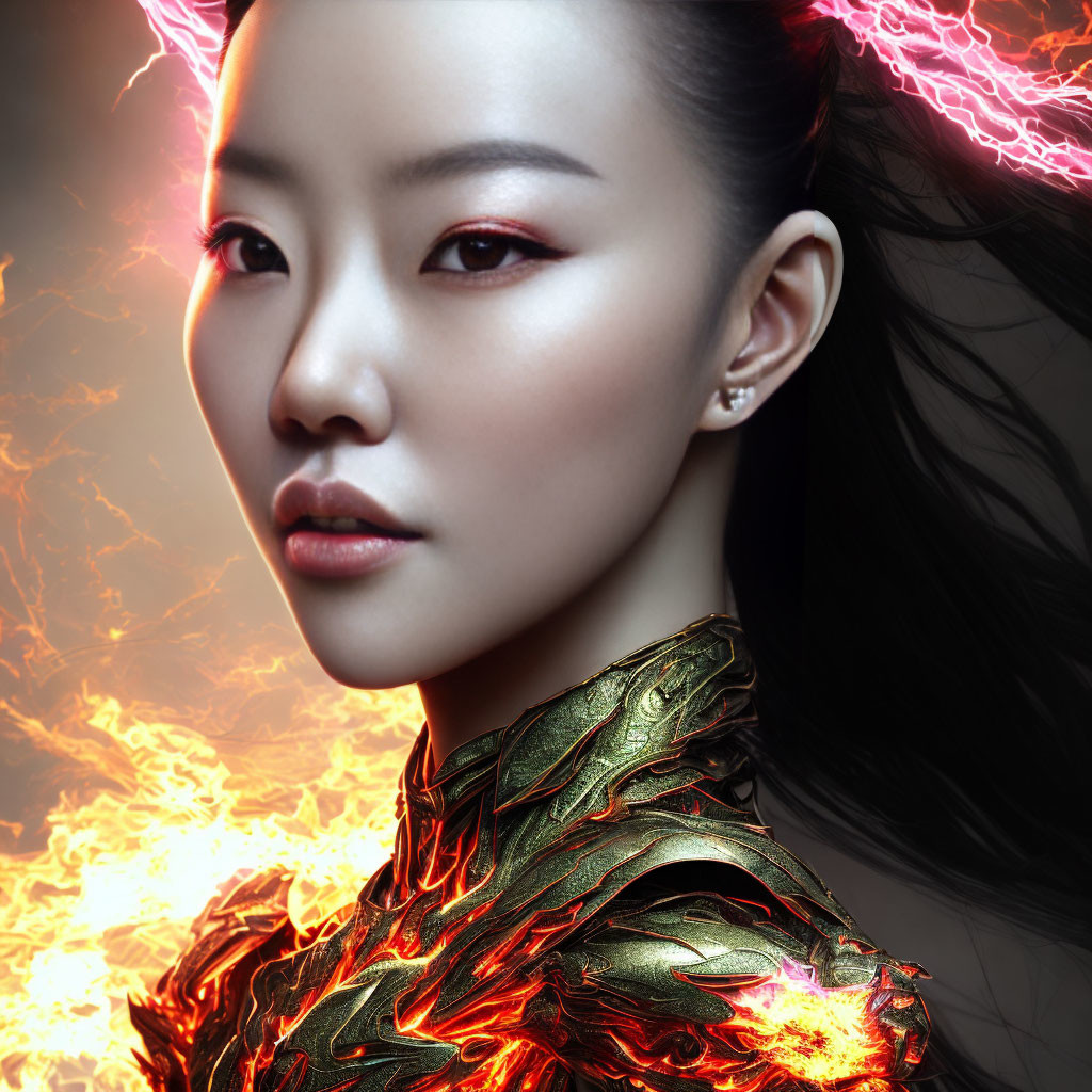 Intense gaze woman in fiery armor with pink light and flames