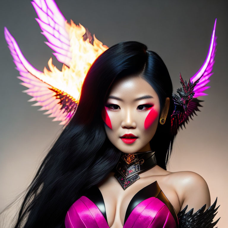 Woman with Vibrant Pink Makeup and Dark Hair, Flanked by Fiery Pink Wings and Black Feather