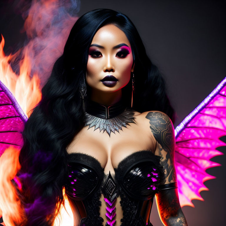 Tattooed woman with winged eyeliner and pink wings in fiery background pose.