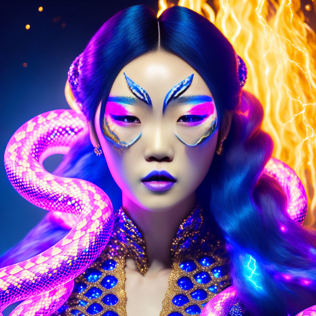 Vibrant surreal portrait: woman with blue hair, snake-like makeup, fiery serpent.