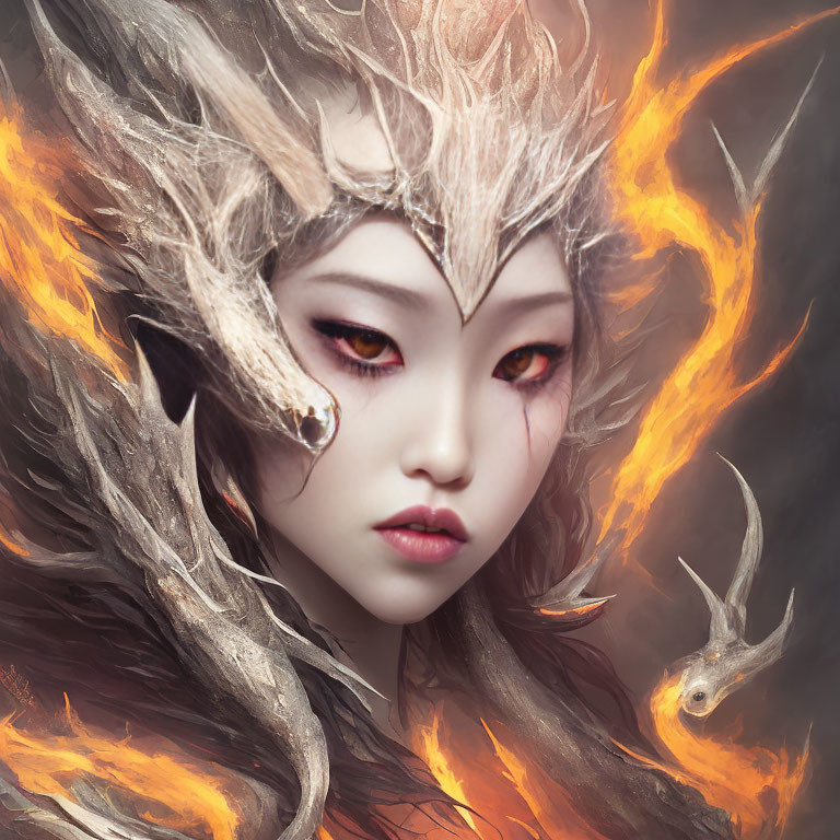 Fantasy portrait featuring ornate antler crown, swirling flames, and ghostly antlered creature