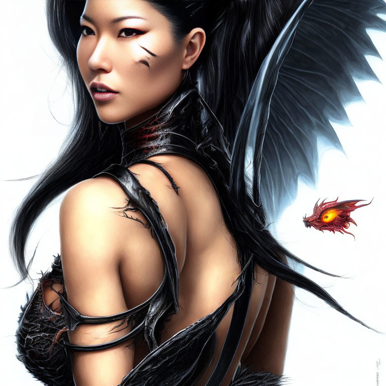 Digital artwork of woman in winged armor with fierce expression and red creature.