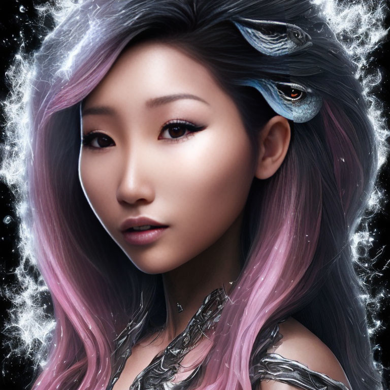 Fantasy-themed portrait of a woman with pink and purple hair, ethereal makeup, and metallic armor