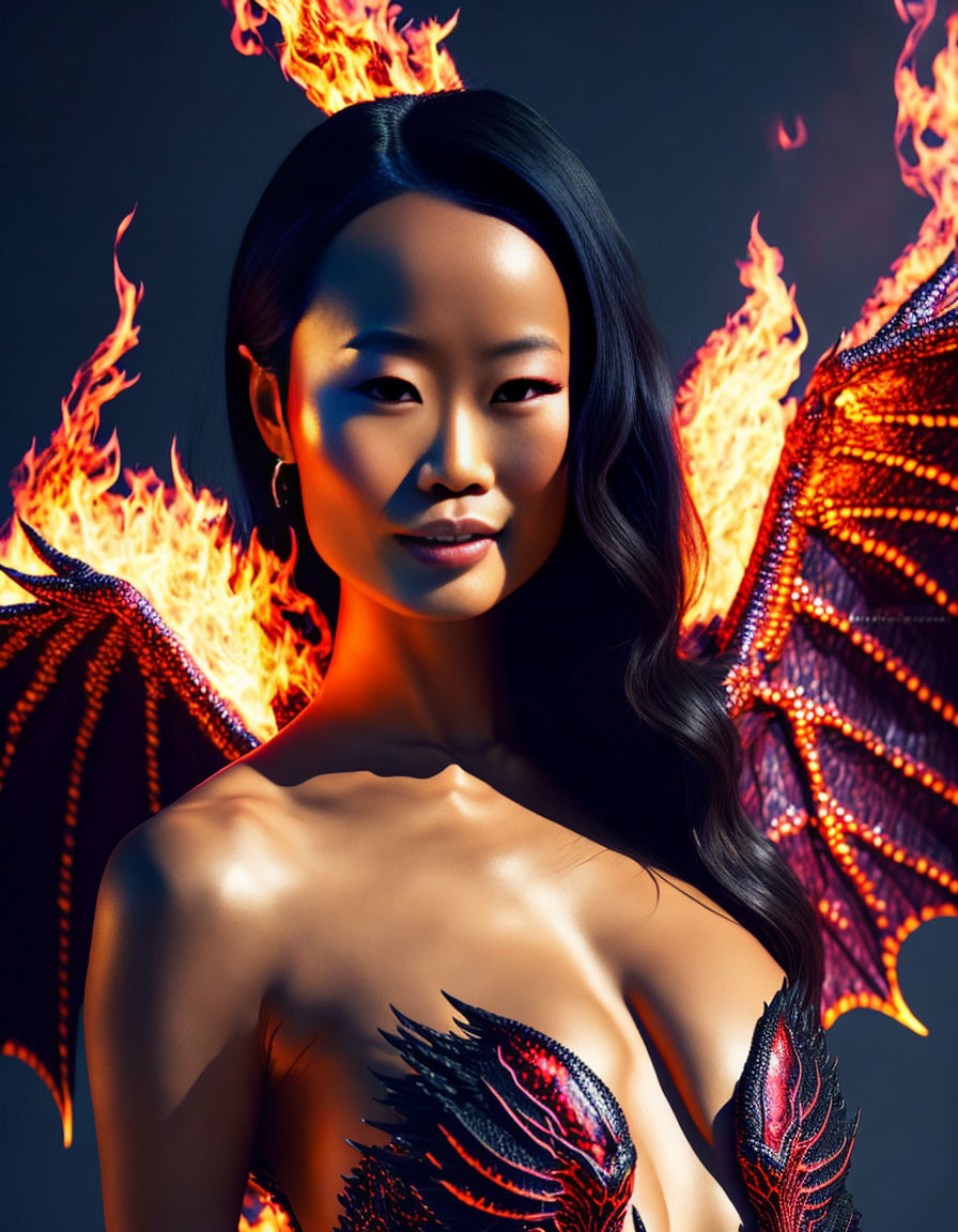 Woman with dragon-like wings engulfed in flames and fiery elements.