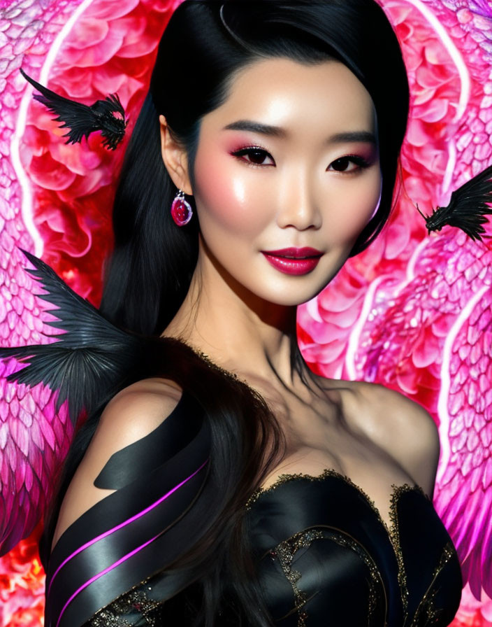 Woman with black hair and makeup in black outfit with pink florals and birds.