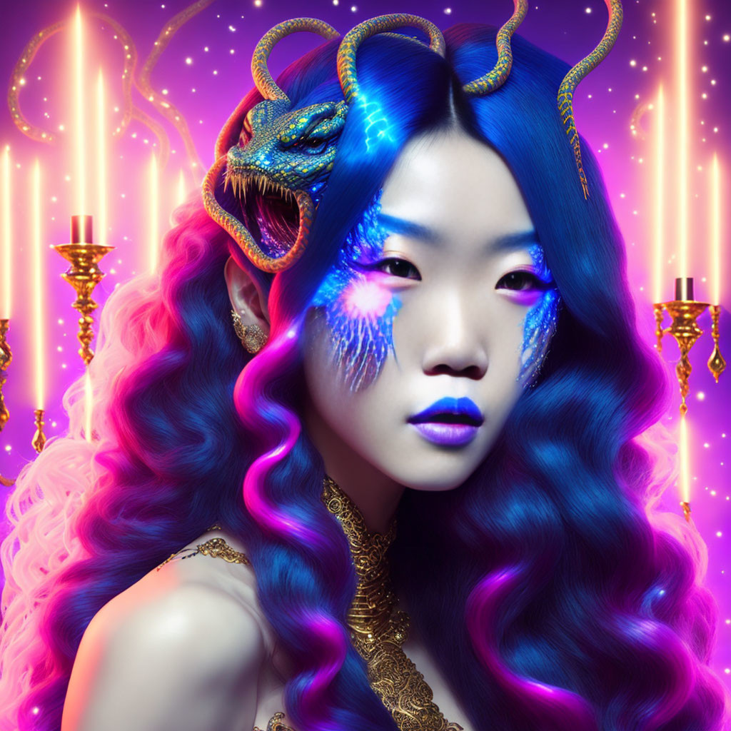 Fantasy-themed portrait of a woman with blue skin and dragon-like horns against a candlelit backdrop