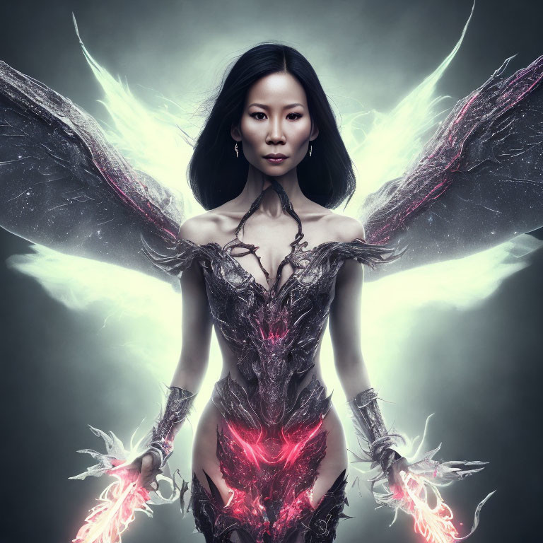 Glowing winged woman in dark armor with red energy, against muted backdrop