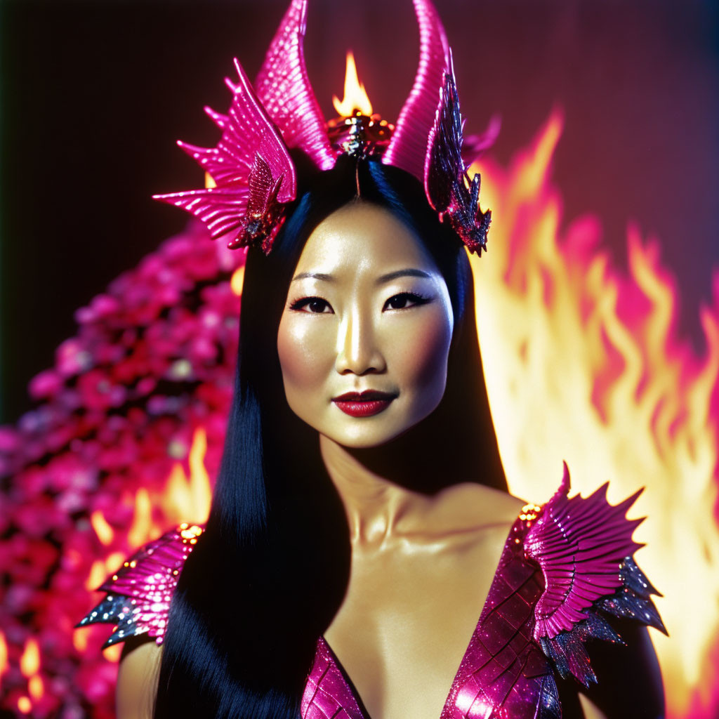 Long Black Hair Woman in Flamboyant Pink Costume with Torch Headpiece Against Flame Backdrop