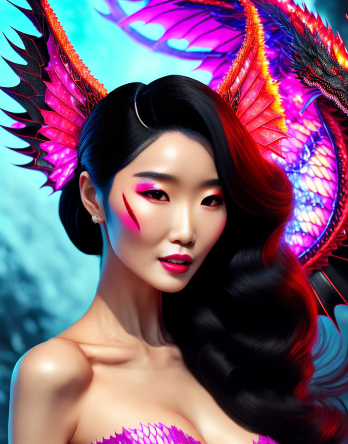 Fantasy-themed image of woman with dramatic makeup and iridescent dragon.