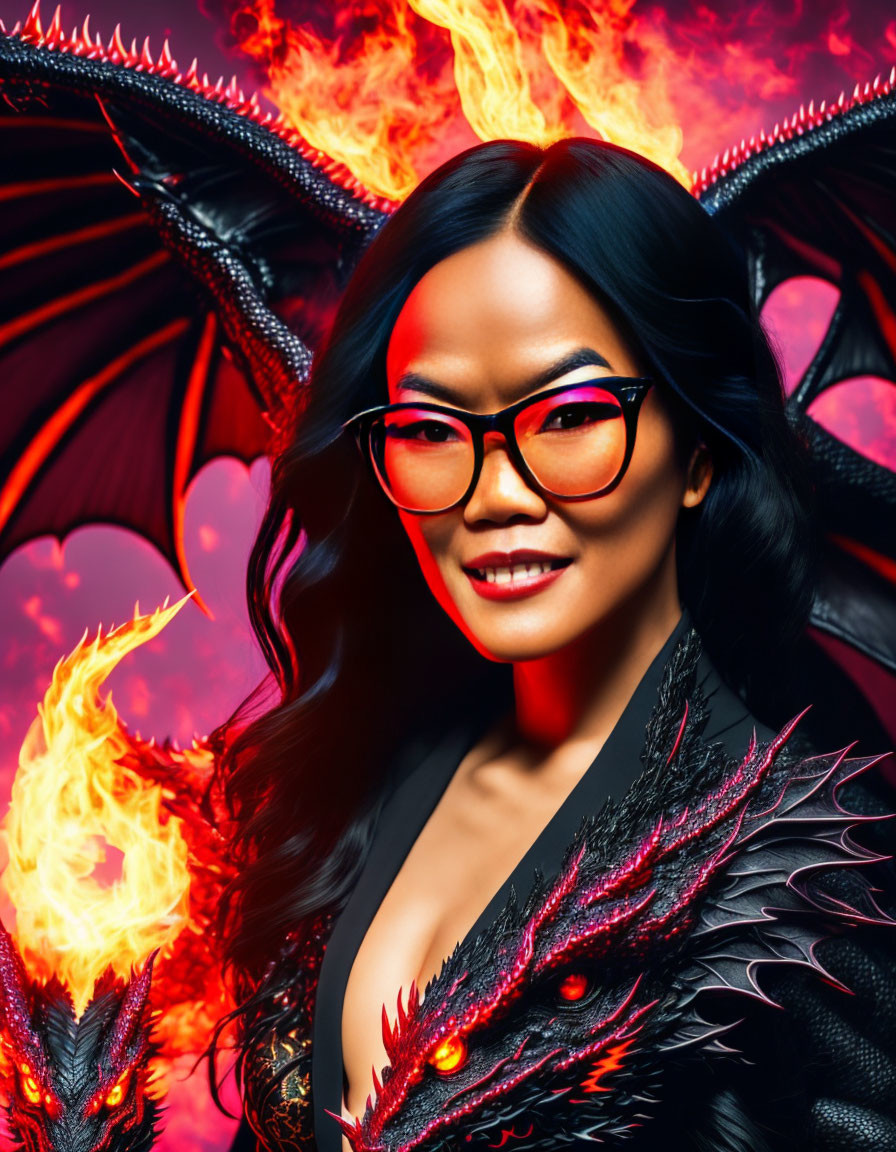 Fantasy Portrait of Woman with Dragon Wings and Flames