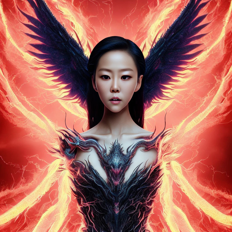 Dark-haired woman with stern expression and phoenix wings on red backdrop