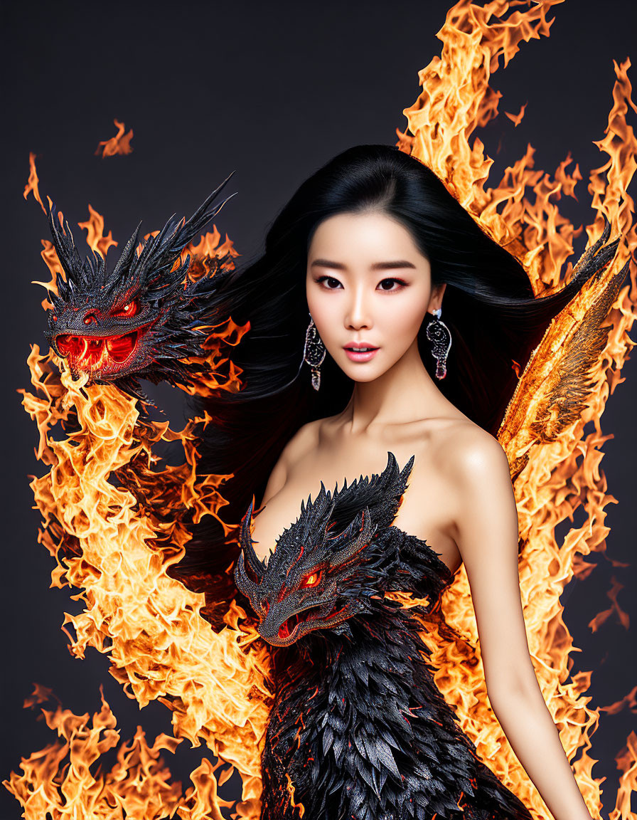 Dark-haired woman in dragon-themed dress with fiery backdrop and red-eyed dragon heads.