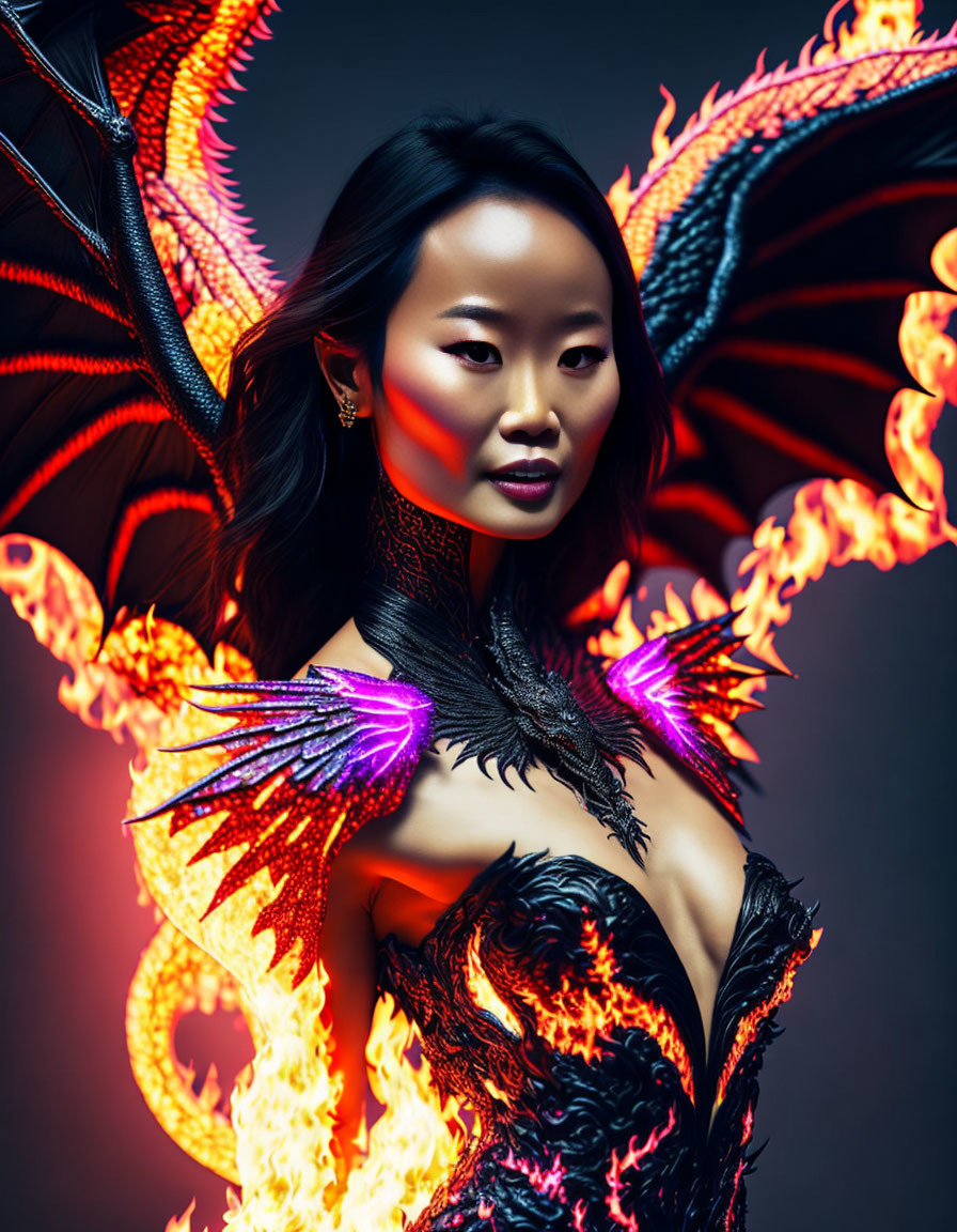 Woman in dragon-themed costume with wing-like shoulder pieces and flames on dark background