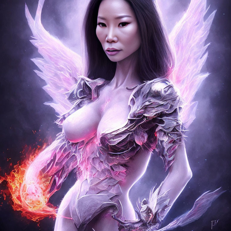 Fantastical female character with glowing pink wings and fiery orb in silver armor