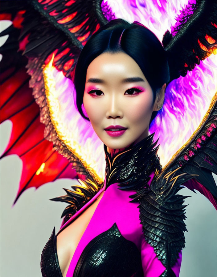 Fantasy-inspired woman with wings, dramatic makeup, pink accents