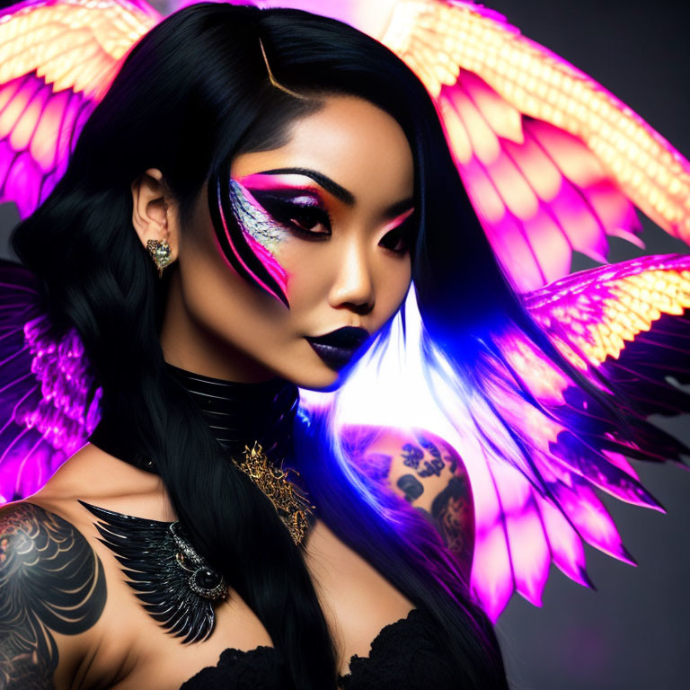 Woman with vibrant butterfly-wing eye art and tattoos on black background