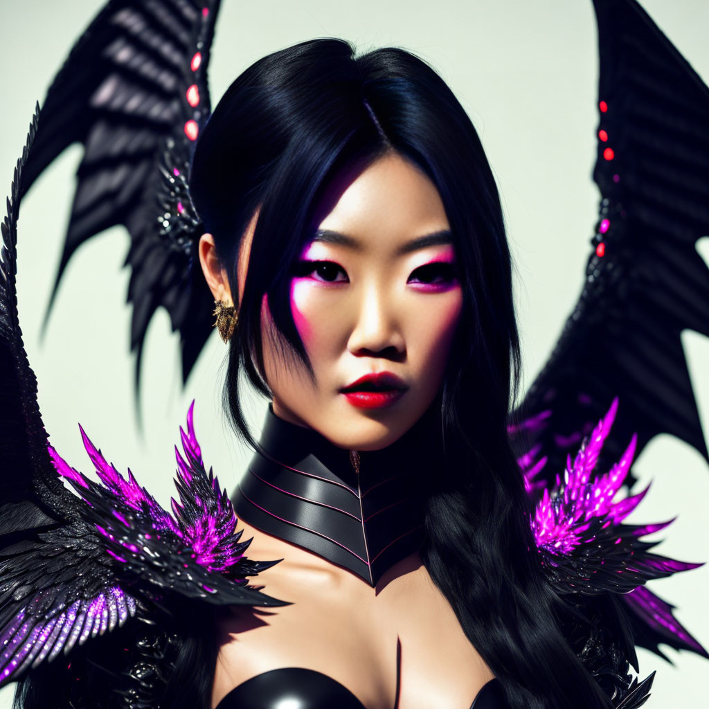 Striking makeup and black feathers with purple highlights on a woman, creating a bold fantasy look