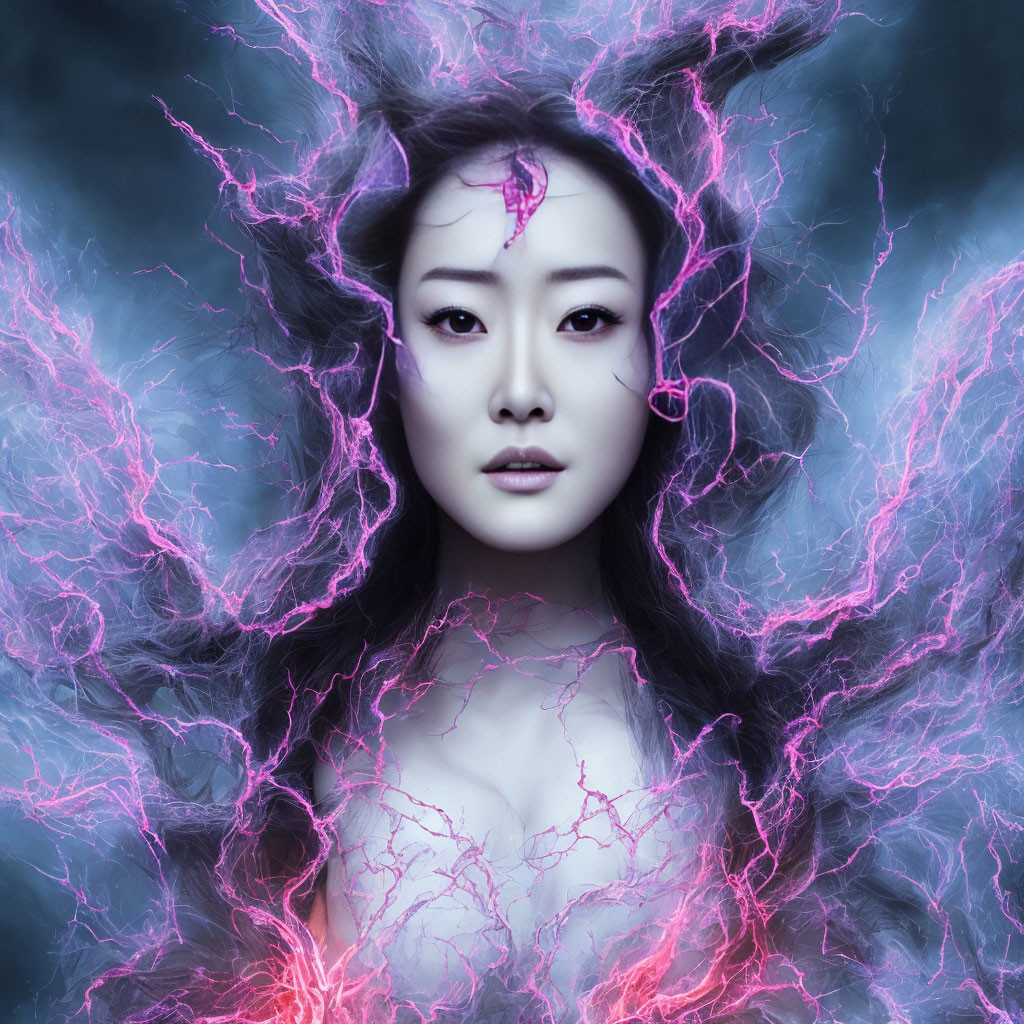 Mystical woman with purple and pink tendrils on dark background