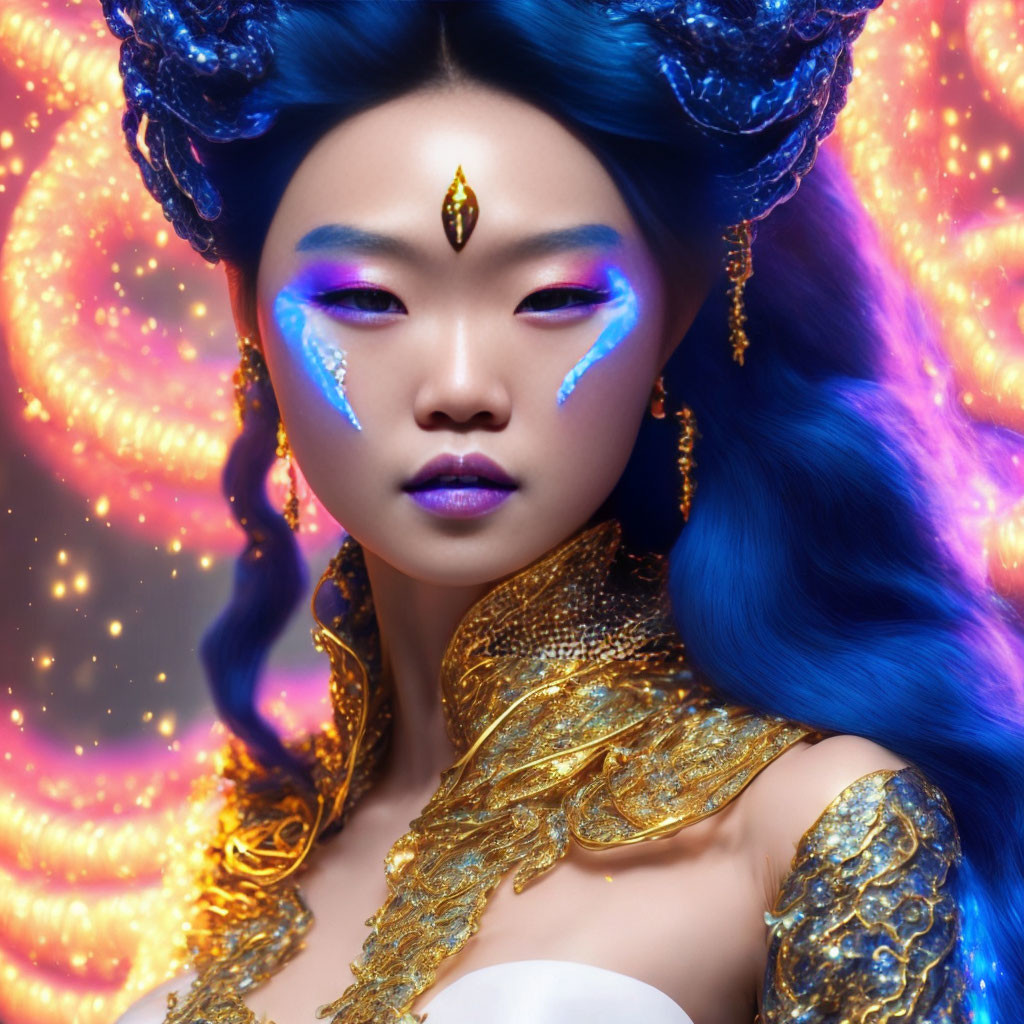 Vibrant Blue Hair Woman with Golden Accessories and Cosmic Background