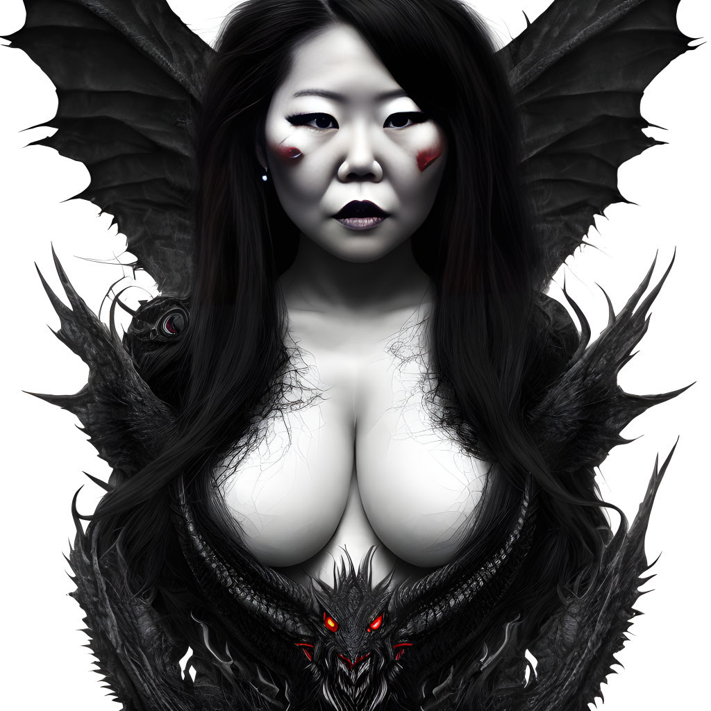 Dark-haired woman with white eyes, red streaks on cheeks, black wings, and demonic creature.