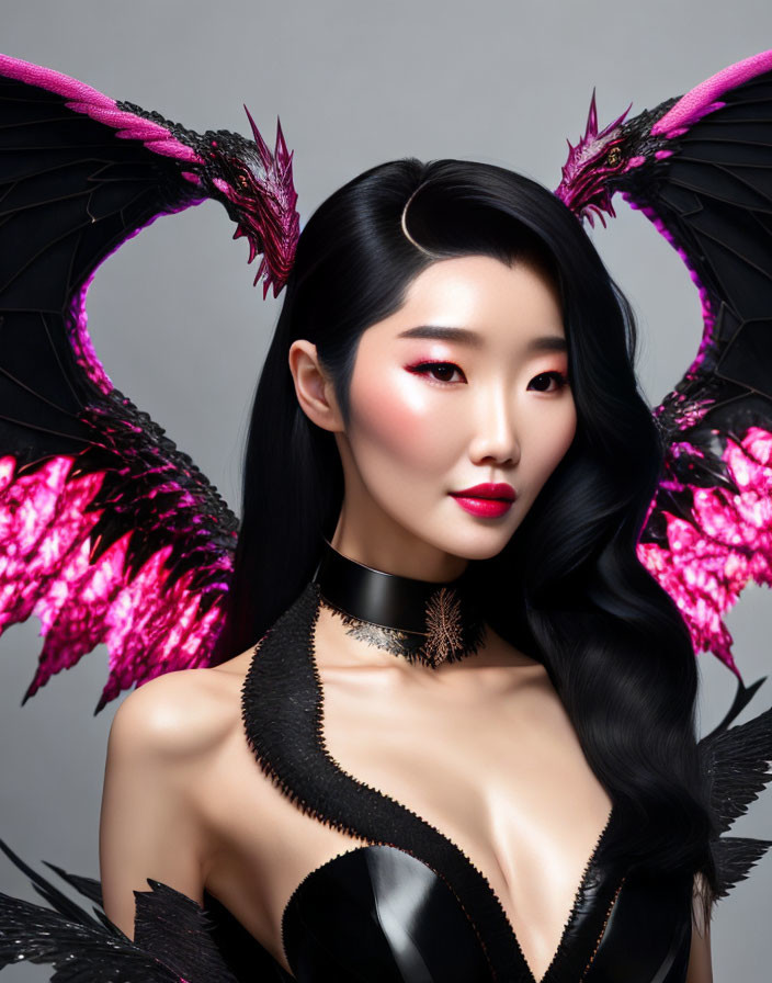 Dark-haired woman with pink and black wings on grey background