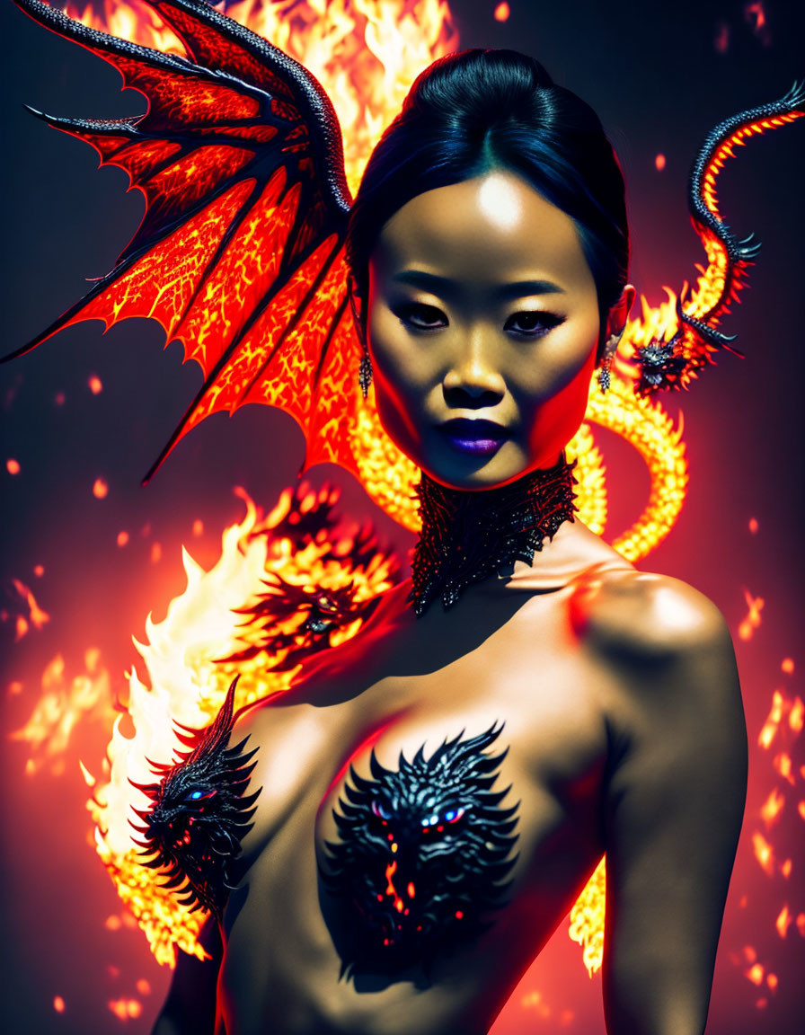 Dramatic Figure with Dragon Wings and Fiery Background