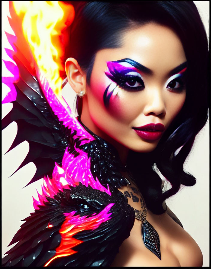 Woman with dramatic makeup and fiery phoenix wing effects posing on light background