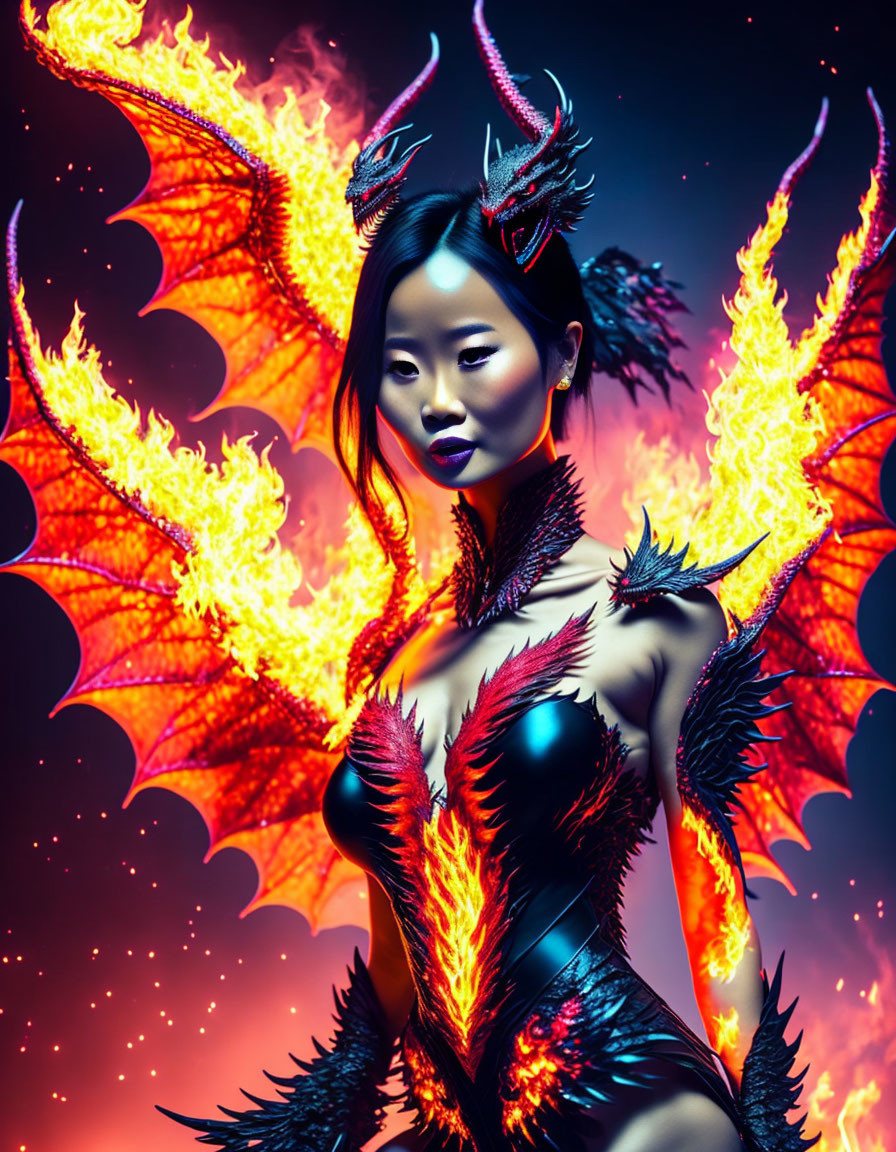 Fantastical woman with dragon-like features in vivid setting