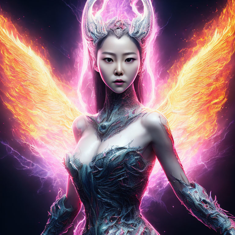 Mystical woman with antler-like horns and fiery wings gazes intensely