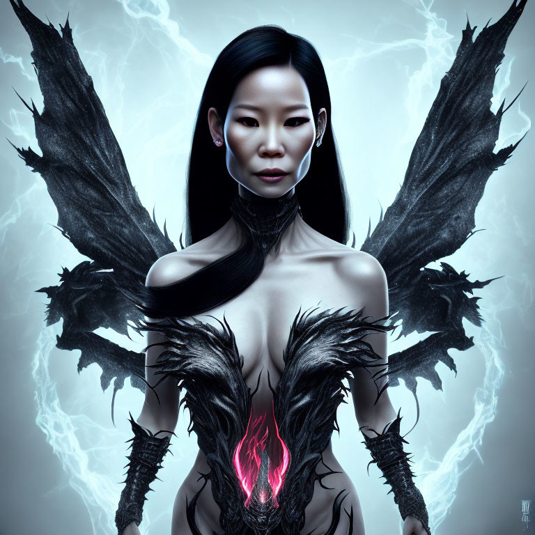 Digital artwork: Woman with black feathered wings, glowing heart, dark attire, cool-toned backdrop