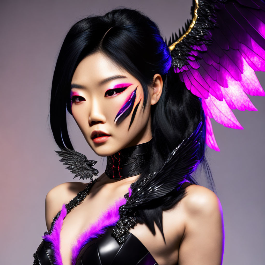 Woman with Black Hair, Pink Eye Makeup & Feathered Wings