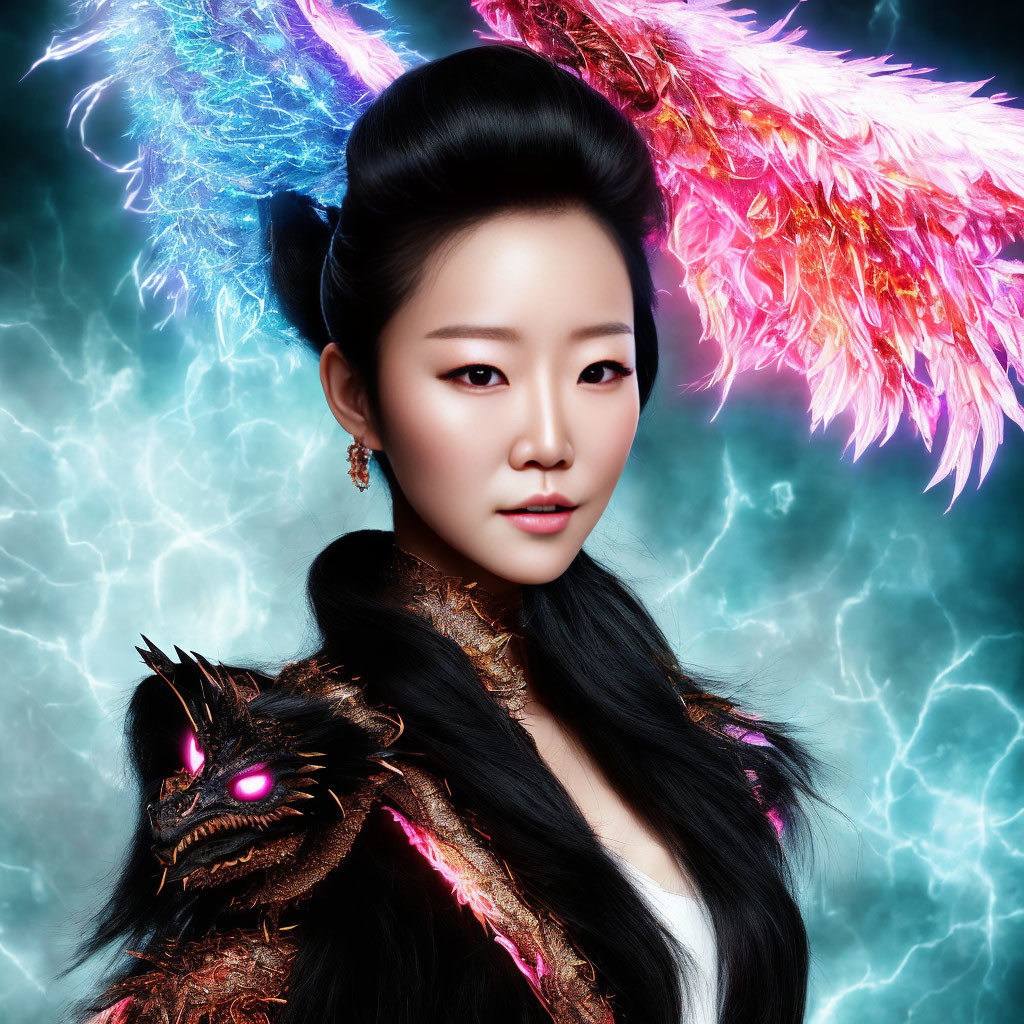 Stylized woman with glowing makeup and fantasy creature in dynamic backdrop