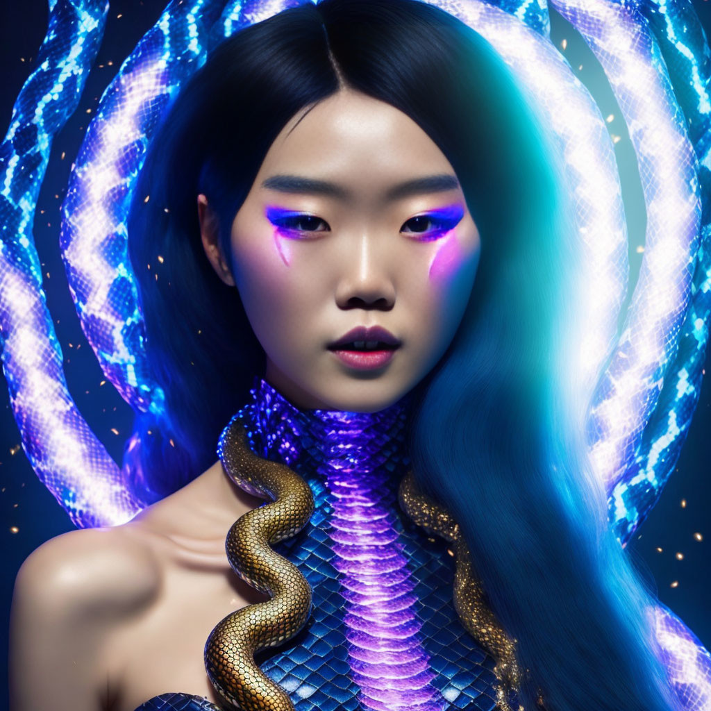 Blue-haired woman with snake, cosmic aura.