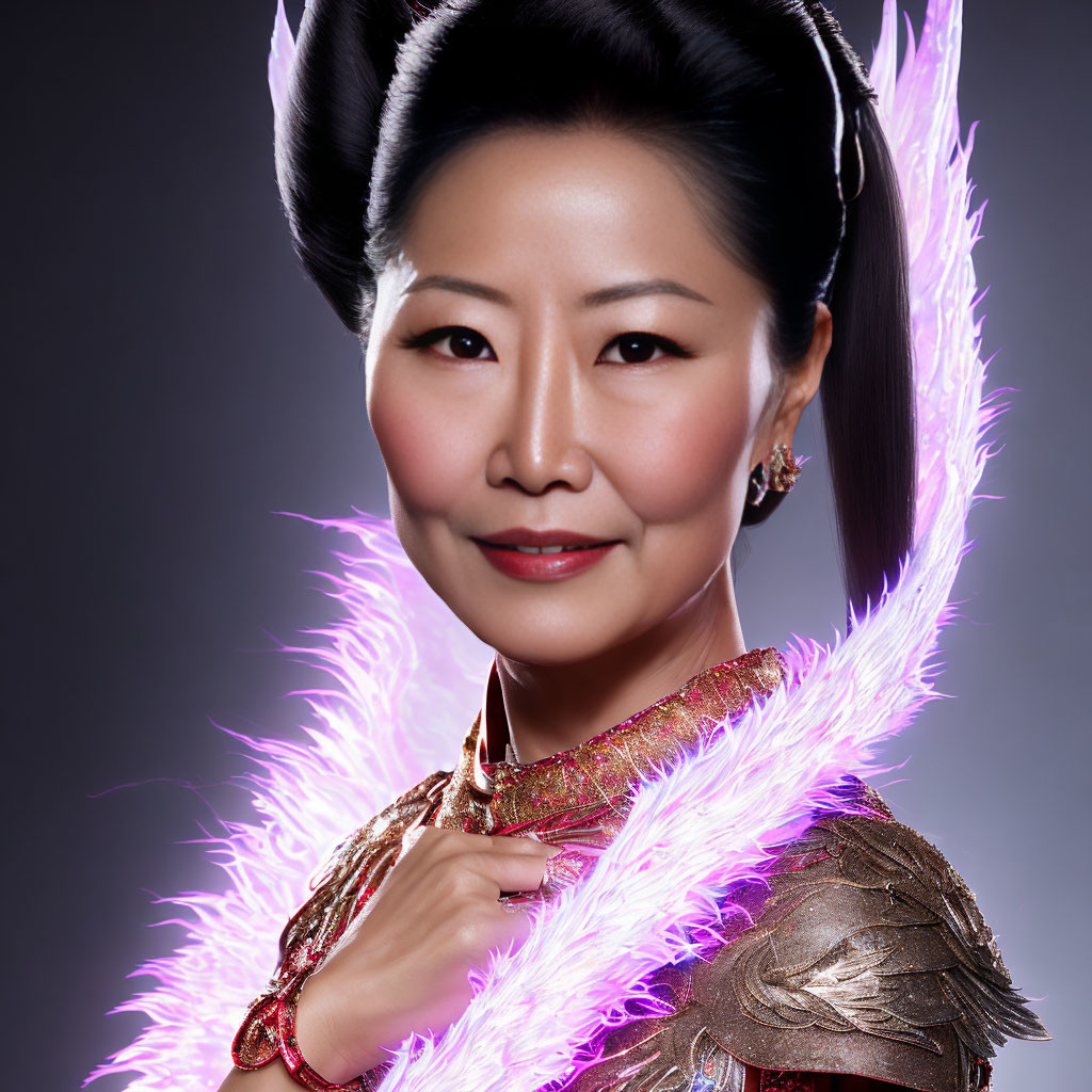 Asian woman in traditional hairstyle and modern attire under neon pink light.