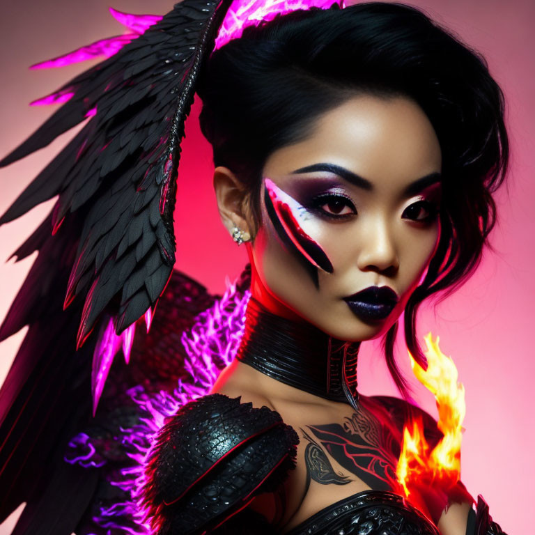 Woman with dramatic makeup and black wings holding a flame on pink backdrop with tattoos and fantasy costume